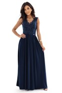 215-6 LEA długa elegancka suknia maxi z koronkową górą i rozcięciem na nodze - granatowa