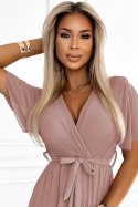545-6 Długa sukienka z plisowanym dekoltem i wiązaniem - taupe