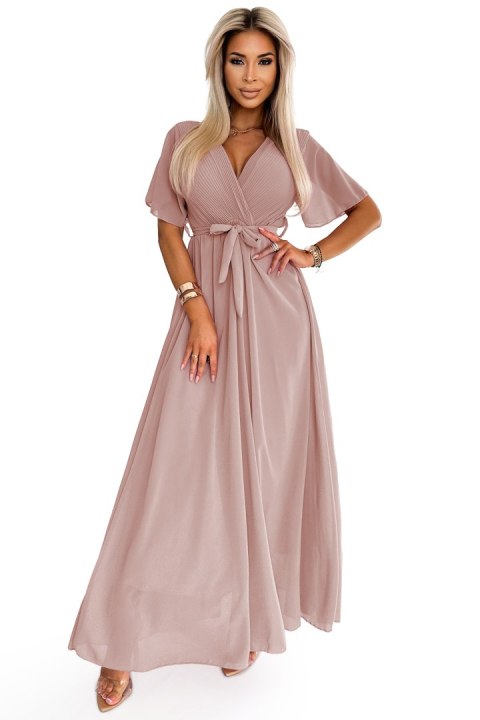 545-6 Długa sukienka z plisowanym dekoltem i wiązaniem - taupe
