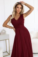 637-1 Wieczorowa długa sukienka z brokatowym akcentem i głębokim dekoltem - bordowa