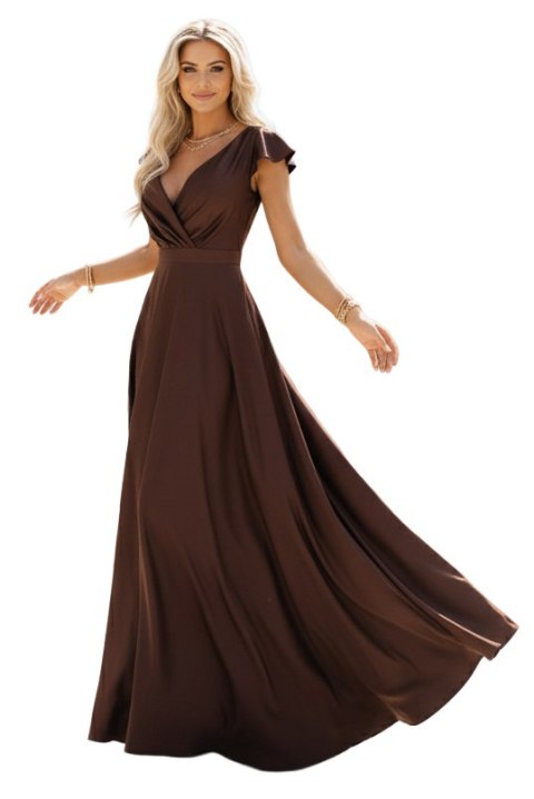 411-15 CRYSTAL satynowa długa suknia z dekoltem - czekoladowa
