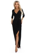 404-13 Elegancka długa sukienka z kopertowym dekoltem i rozcięciem - czarna