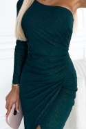 443-1 Długa drapowana suknia na jedno ramię - ZIELEŃ BUTELKOWA Z BROKATEM