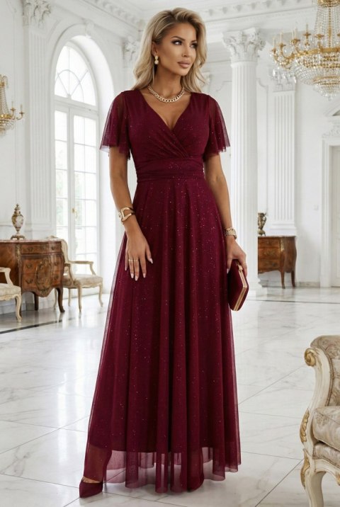 635-5 MELANIA długa błyszcząca suknia z dekoltem i krótkim rękawkiem - bordowa