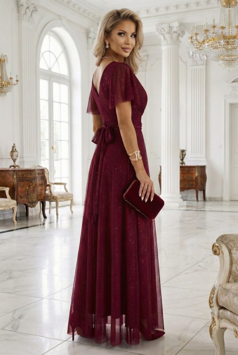 635-5 MELANIA długa błyszcząca suknia z dekoltem i krótkim rękawkiem - bordowa