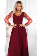 640-1 LORETTA wyjątkowa długa sukienka z tiulowymi rękawkami i dekoltem - bordowa