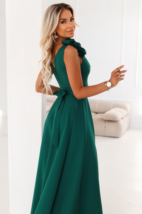 643-1 Elegancka wieczorowa suknia maxi z rozcięciem i różami - butelkowa zieleń