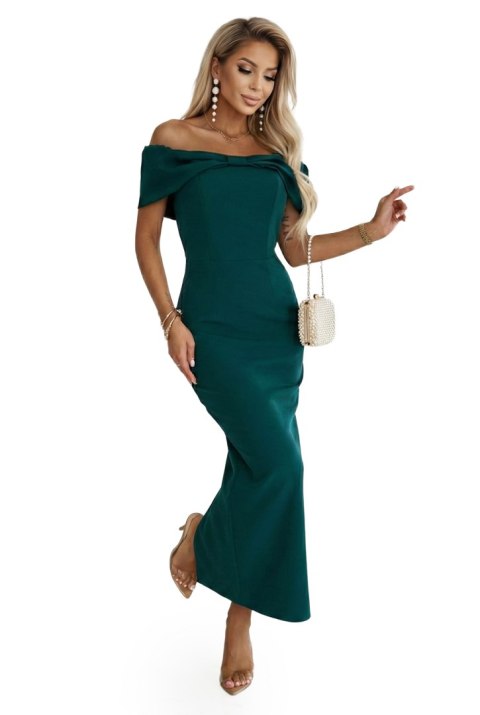 644-1 Zmysłowa sukienka midi hiszpanka z kokardą na dekolcie - butelkowa zieleń