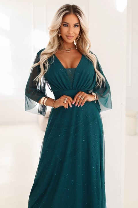 654-1 Długa połyskująca sukienka plus size z dekoltem i transparentnym rękawkiem - zieleń butelkowa