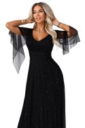 655-1 Długa połyskująca w świetle suknia z dekoltem i transparentnym rękawkiem - czarna