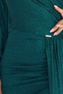 658-2 Połyskująca brokatowa sukienka maxi na jedno ramię z asymetrycznym rękawem i rozcięciem - butelkowa zieleń
