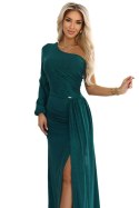 658-2 Połyskująca brokatowa sukienka maxi na jedno ramię z asymetrycznym rękawem i rozcięciem - butelkowa zieleń