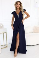 660-1 Elegancka sukienka maxi z falbankami, głębokim dekoltem i rozcięciem na nodze - granatowa