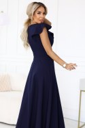 660-1 Elegancka sukienka maxi z falbankami, głębokim dekoltem i rozcięciem na nodze - granatowa