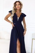 660-1 Elegancka sukienka maxi z falbankami, głębokim dekoltem i rozcięciem na nodze - granatowa