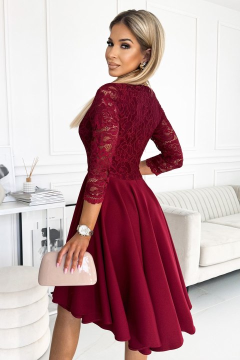 210-15 NICOLLE sukienka z dłuższym tyłem i dekoltem - kolor BORDOWY 210-15 NICOLLE sukienka z dłuższym tyłem i dekoltem - kolor BORDOWY