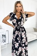 434-1 LISA Plisowana sukienka midi z dekoltem i falbankami - kwiat brzoskwini na czarnym tle 434-1 LISA Plisowana sukienka midi z dekoltem i falbankami - kwiat brzoskwini na czarnym tle