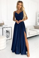 299-10 CHIARA elegancka maxi długa suknia na ramiączkach - GRANATOWA Z BROKATEM 299-10 CHIARA elegancka maxi długa suknia na ramiączkach - GRANATOWA Z BROKATEM