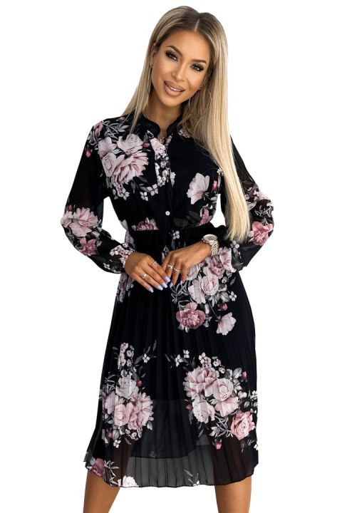449-3 CARLA Plisowana sukienka midi z guziczkami i długim rękawkiem - RÓŻE na czarnym tle 449-3 CARLA Plisowana sukienka midi z guziczkami i długim rękawkiem - RÓŻE na czarnym tle