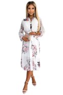 449-6 CARLA Plisowana sukienka midi z guziczkami i długim rękawkiem - RÓŻE na białym tle 449-6 CARLA Plisowana sukienka midi z guziczkami i długim rękawkiem - RÓŻE na białym tle