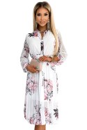 449-6 CARLA Plisowana sukienka midi z guziczkami i długim rękawkiem - RÓŻE na białym tle 449-6 CARLA Plisowana sukienka midi z guziczkami i długim rękawkiem - RÓŻE na białym tle