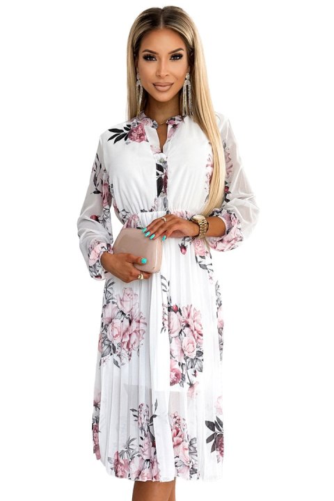 449-6 CARLA Plisowana sukienka midi z guziczkami i długim rękawkiem - RÓŻE na białym tle 449-6 CARLA Plisowana sukienka midi z guziczkami i długim rękawkiem - RÓŻE na białym tle
