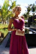 299-19 CHIARA elegancka maxi długa suknia na ramiączkach - FUKSJA Z BROKATEM 299-19 CHIARA elegancka maxi długa suknia na ramiączkach - FUKSJA Z BROKATEM
