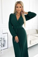 504-3 VIVIANA Plisowana sukienka midi z dekoltem, długim rękawkiem i szerokim paskiem - ZIELEŃ BUTELKOWA 504-3 VIVIANA Plisowana sukienka midi z dekoltem, długim rękawkiem i szerokim paskiem - ZIELEŃ BUTELKOWA