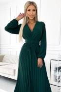 504-3 VIVIANA Plisowana sukienka midi z dekoltem, długim rękawkiem i szerokim paskiem - ZIELEŃ BUTELKOWA 504-3 VIVIANA Plisowana sukienka midi z dekoltem, długim rękawkiem i szerokim paskiem - ZIELEŃ BUTELKOWA