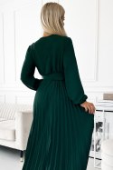 504-3 VIVIANA Plisowana sukienka midi z dekoltem, długim rękawkiem i szerokim paskiem - ZIELEŃ BUTELKOWA 504-3 VIVIANA Plisowana sukienka midi z dekoltem, długim rękawkiem i szerokim paskiem - ZIELEŃ BUTELKOWA