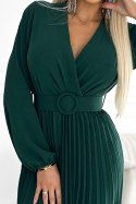 504-3 VIVIANA Plisowana sukienka midi z dekoltem, długim rękawkiem i szerokim paskiem - ZIELEŃ BUTELKOWA 504-3 VIVIANA Plisowana sukienka midi z dekoltem, długim rękawkiem i szerokim paskiem - ZIELEŃ BUTELKOWA