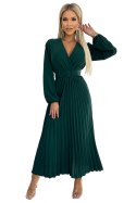 504-3 VIVIANA Plisowana sukienka midi z dekoltem, długim rękawkiem i szerokim paskiem - ZIELEŃ BUTELKOWA 504-3 VIVIANA Plisowana sukienka midi z dekoltem, długim rękawkiem i szerokim paskiem - ZIELEŃ BUTELKOWA