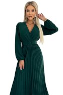 504-3 VIVIANA Plisowana sukienka midi z dekoltem, długim rękawkiem i szerokim paskiem - ZIELEŃ BUTELKOWA 504-3 VIVIANA Plisowana sukienka midi z dekoltem, długim rękawkiem i szerokim paskiem - ZIELEŃ BUTELKOWA