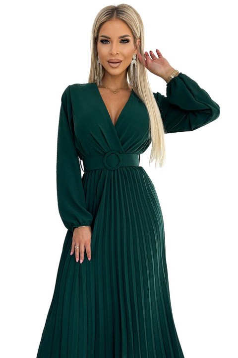 504-3 VIVIANA Plisowana sukienka midi z dekoltem, długim rękawkiem i szerokim paskiem - ZIELEŃ BUTELKOWA 504-3 VIVIANA Plisowana sukienka midi z dekoltem, długim rękawkiem i szerokim paskiem - ZIELEŃ BUTELKOWA