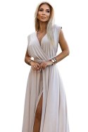 509-2 Elegancka długa suknia wiązana na wiele sposobów - BEŻOWA z brokatem 509-2 Elegancka długa suknia wiązana na wiele sposobów - BEŻOWA z brokatem