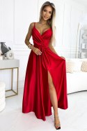 512-5 JULIET elegancka długa satynowa suknia z dekoltem i rozcięciem na nogę - CZERWONA 512-5 JULIET elegancka długa satynowa suknia z dekoltem i rozcięciem na nogę - CZERWONA