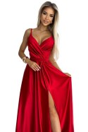 512-5 JULIET elegancka długa satynowa suknia z dekoltem i rozcięciem na nogę - CZERWONA 512-5 JULIET elegancka długa satynowa suknia z dekoltem i rozcięciem na nogę - CZERWONA