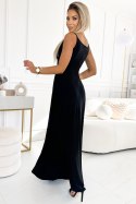 299-18 CHIARA elegancka maxi długa suknia na ramiączkach - CZARNA Z BROKATEM 299-18 CHIARA elegancka maxi długa suknia na ramiączkach - CZARNA Z BROKATEM