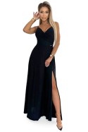 299-18 CHIARA elegancka maxi długa suknia na ramiączkach - CZARNA Z BROKATEM 299-18 CHIARA elegancka maxi długa suknia na ramiączkach - CZARNA Z BROKATEM