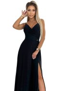 299-18 CHIARA elegancka maxi długa suknia na ramiączkach - CZARNA Z BROKATEM 299-18 CHIARA elegancka maxi długa suknia na ramiączkach - CZARNA Z BROKATEM