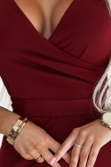 479-7 NINA elegancka sukienka z kopertowym dekoltem, rękawkiem i paskiem - BORDOWA 479-7 NINA elegancka sukienka z kopertowym dekoltem, rękawkiem i paskiem - BORDOWA