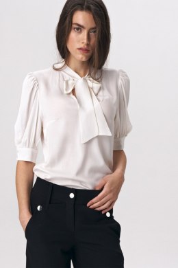 Elegancka bluzka ecru z wiązaniem na dekolcie B107 Ecru - Nife Nife