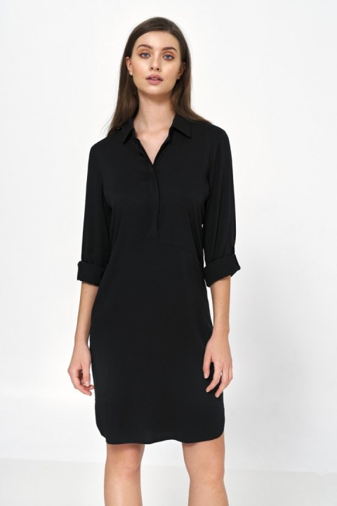 Sukienka Czarna sukienka oversize z podwijanym rękawem S226 Black - Nife Nife Sukienka Czarna sukienka oversize z podwijanym rękawem S226 Black - Nife Nife