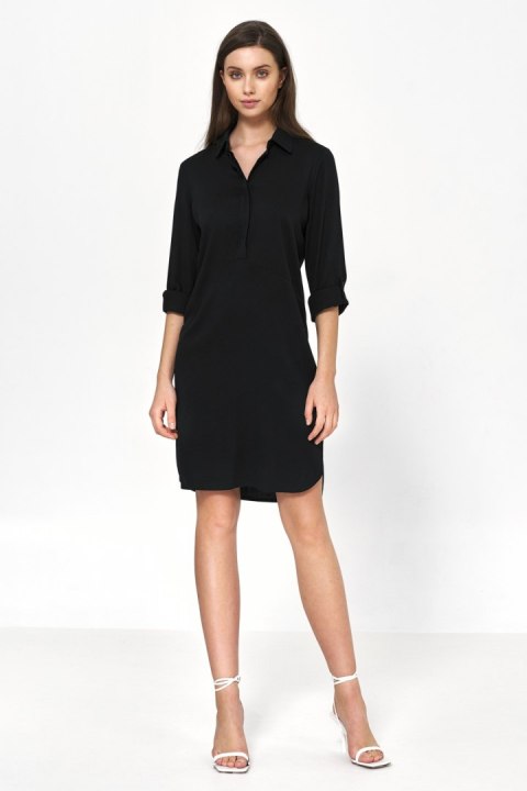 Sukienka Czarna sukienka oversize z podwijanym rękawem S226 Black - Nife Nife Sukienka Czarna sukienka oversize z podwijanym rękawem S226 Black - Nife Nife