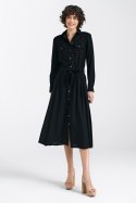 Sukienka lniana zapinana na napy S241 Black - Nife Nife Sukienka lniana zapinana na napy S241 Black - Nife Nife