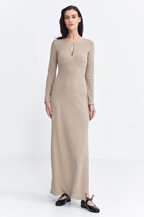 Sukienka maxi z łezką na dekolcie S261 Beige - Nife Nife Sukienka maxi z łezką na dekolcie S261 Beige - Nife Nife