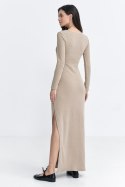 Sukienka maxi z łezką na dekolcie S261 Beige - Nife Nife Sukienka maxi z łezką na dekolcie S261 Beige - Nife Nife
