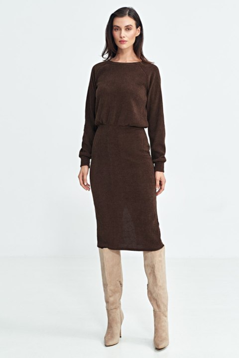 Sukienka z dzianiny prążkowanej z długim rękawem S260 Brown - Nife Nife Sukienka z dzianiny prążkowanej z długim rękawem S260 Brown - Nife Nife