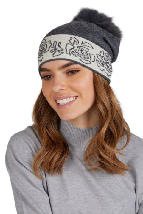 LILIANA POMPON FOX czapka damska grafitowa z pomponem - Kamea Kamea LILIANA POMPON FOX czapka damska grafitowa z pomponem - Kamea Kamea
