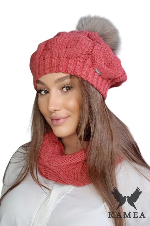 ZITA-KOMPLET damski beret z kominem zimowy kolor koralowy - Kamea Kamea